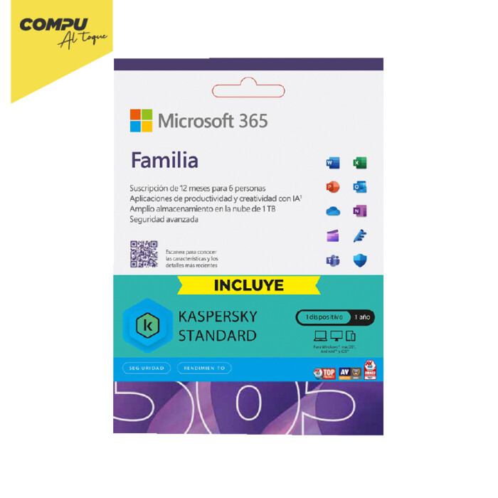 LICENCIA TO PRINT KIT MICROSOFT 365 FAMILIA + KASPERSKY / 12 MESES / 1 A 6 USUARIOS - Imagen 1
